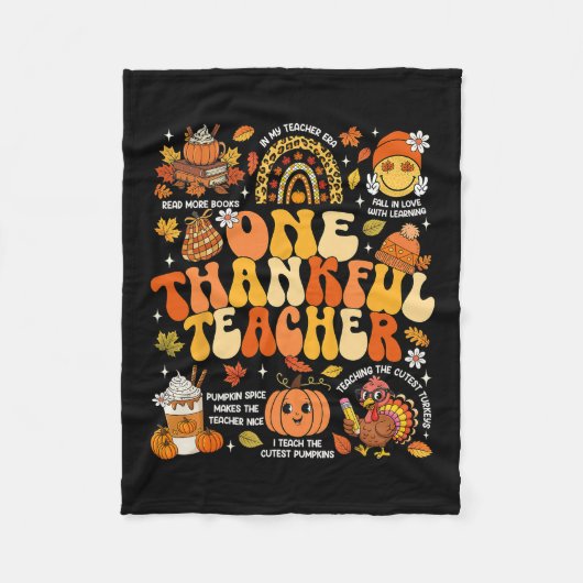 One Thankful Teacher Thanksgiving Groovy Fall Autu フリースブランケット (正面)