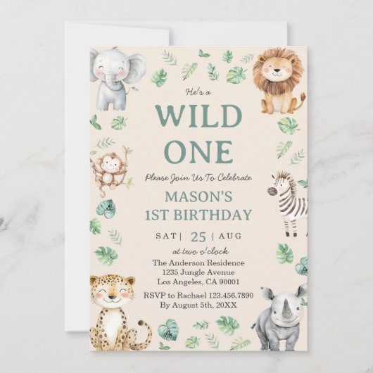 One Wild Jungle Safari Animals 1st Birthday Theme 招待状 (正面)