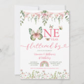 One year fluttered Butterfly First Birthday Floral 招待状 (正面)