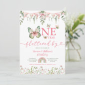 One year fluttered Butterfly First Birthday Floral 招待状 (スタンド正面)