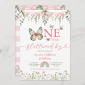 One year fluttered Butterfly First Birthday Floral 招待状 (正面/裏面)