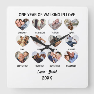 One Year of Walking in Love 12 Heart Photo Collage スクエア壁時計