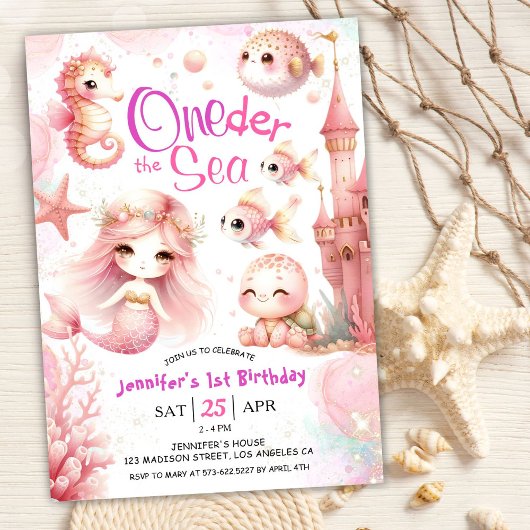ONEderザシー1st誕生日ガールピンクかわいい海 招待状