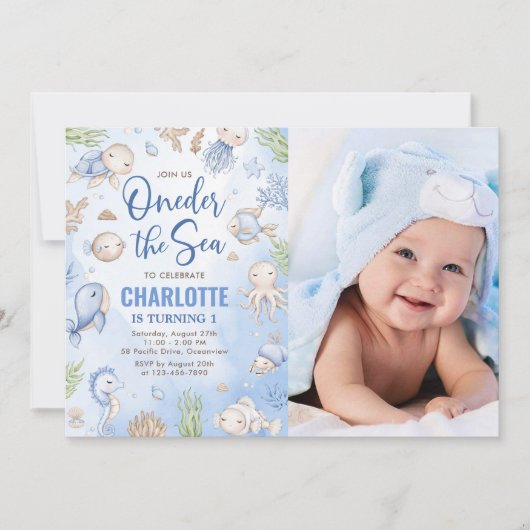 Oneder The Sea海の下の最初の誕生日の写真 招待状 (正面)