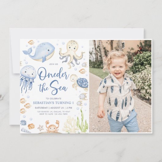 Oneder The Sea海動物1st誕生日の写真 招待状 (正面)