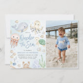 Oneder The Sea海動物1st誕生日の写真 招待状 (正面)