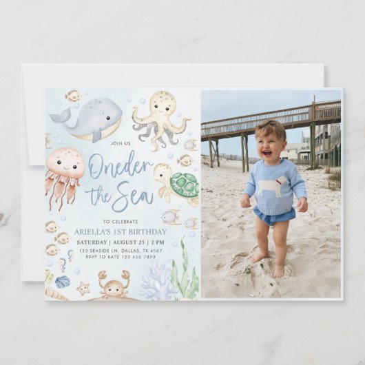 Oneder The Sea海動物1st誕生日の写真 招待状 (正面)