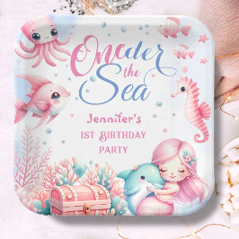 ONEder The Sea! ピンクの人魚の1歳の誕生日 ペーパープレート