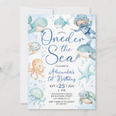 ONEder The Sea ボーイ 1歳の誕生日 かわいい青い海 招待状 (正面)