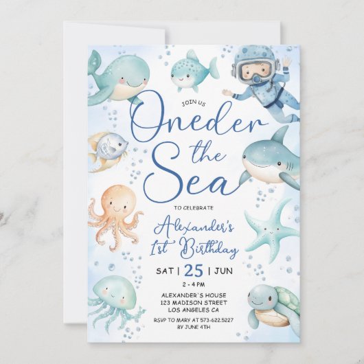 ONEder The Sea ボーイ 1歳の誕生日 かわいい青い海 招待状 (正面)