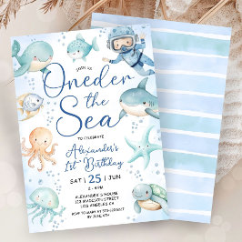 ONEder The Sea ボーイ 1歳の誕生日 かわいい青い海 招待状