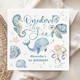 ONEder The Sea 男の子 1歳の誕生日 かわいい青い海 スタンダードカクテルナプキン