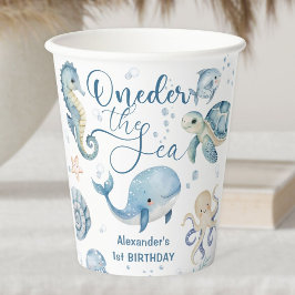 ONEder The Sea 男の子 1歳 誕生日 おしゃれ ブルー オーシャン 紙コップ