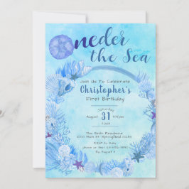 OneDer the Sea Cute Blue Boy's 1th Birthdayパーティー 招待状
