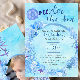 OneDer the Sea Cute Blue Boy's 1th Birthdayパーティー 招待状