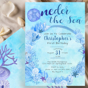 OneDer the Sea Cute Blue Boy's 1th Birthdayパーティー 招待状