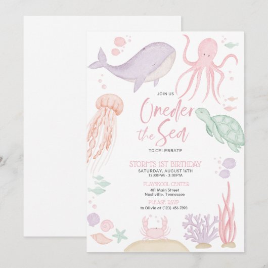 Oneder the Sea First Birthday Partyへの招待 招待状 (正面/裏面)