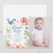 Oneder The Sea First Ocean Animal Photo Birthday  招待状 (正面/裏面)