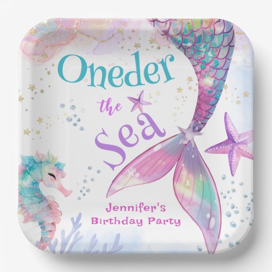 Oneder The Sea Mermaid 1st誕生日ピンクパープル ペーパープレート (正面)