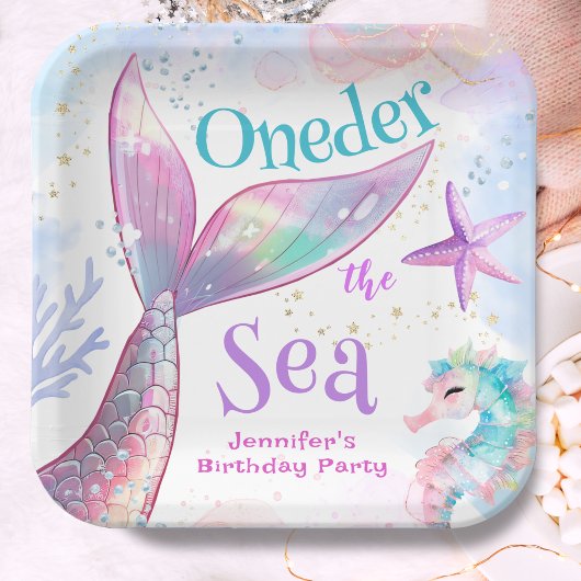 Oneder The Sea Mermaid 1st誕生日ピンクパープル ペーパープレート