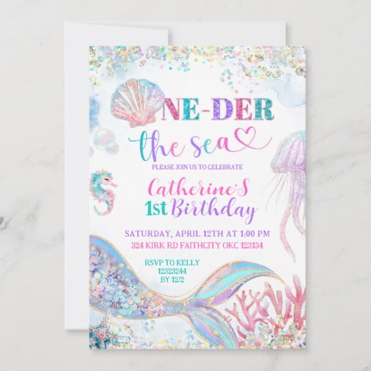  Oneder the sea mermaid 1st birthday invitation 招待状 (正面)