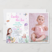 Oneder The Sea Mermaid Girl 1st Birthday Photo 招待状 (正面)