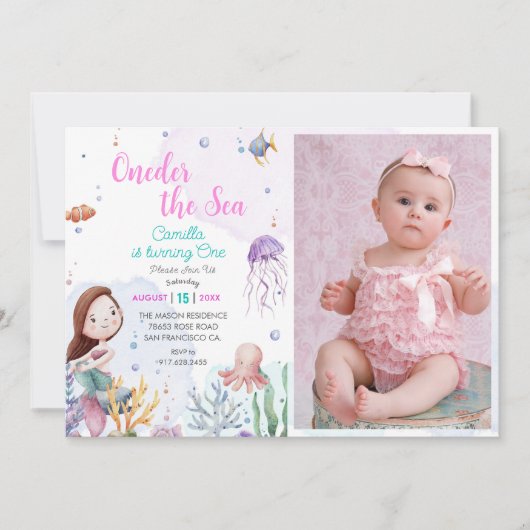 Oneder The Sea Mermaid Girl 1st Birthday Photo 招待状 (正面)