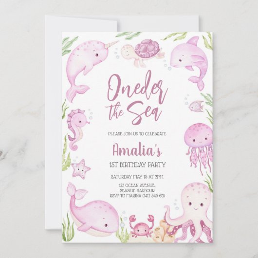 Oneder the Sea Ocean Animals 1st Birthday  招待状 (正面)
