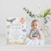 Oneder The Sea Ocean Animals 1st Birthday Photo 招待状 (スタンド正面)