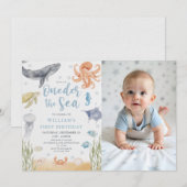 Oneder The Sea Ocean Animals 1st Birthday Photo 招待状 (正面/裏面)