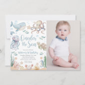 Oneder The Sea Ocean Animals 1st Birthday Photo 招待状 (正面)