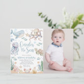 Oneder The Sea Ocean Animals 1st Birthday Photo 招待状 (スタンド正面)