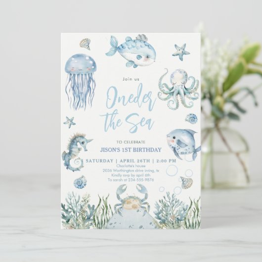 Oneder the Sea Ocean Animals Boy 1st Birthday  招待状 (スタンド正面)