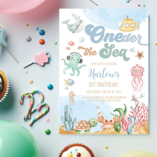 Oneder the Sea Ocean Theme Kids 1st Birthday 招待状