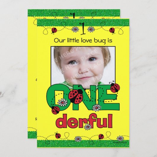 ONEderfulのてんとう虫の第1誕生日のカスタムの招待状 招待状 (正面/裏面)