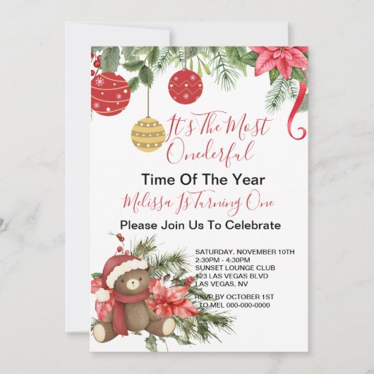Onederfulタイムクリスマステディベアのスカーフオーナメント 招待状 (正面)