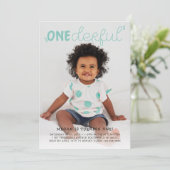 Onederfulティール(緑がかった色)ブルーミニマルフォト誕生日 招待状 (スタンド正面)