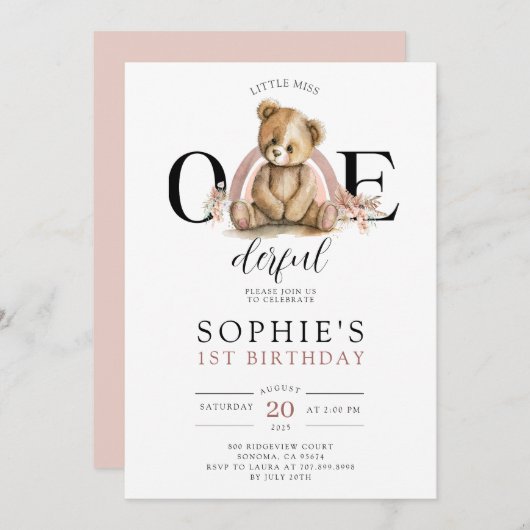 ONEderfulテディレインボーガールの誕生日招待状 招待状 (正面/裏面)