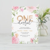 ONEderfulピンクと金ゴールドの最初の誕生日招待状 招待状 (スタンド正面)