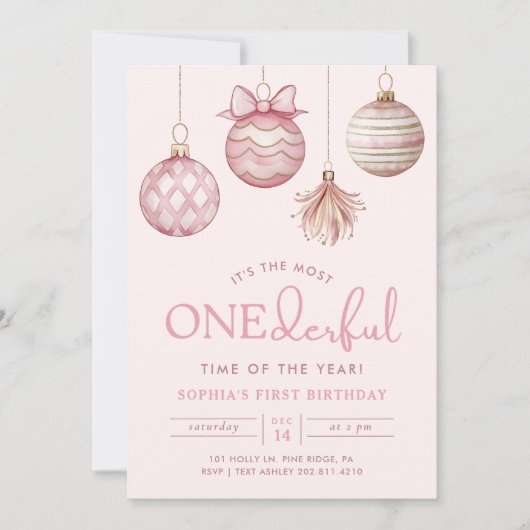 ONEderfulピンクのオーナメントクリスマス1日の誕生日 招待状 (正面)