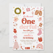 ONEderfulピンクのクリスマス1st誕生日パーティー 招待状 (正面)