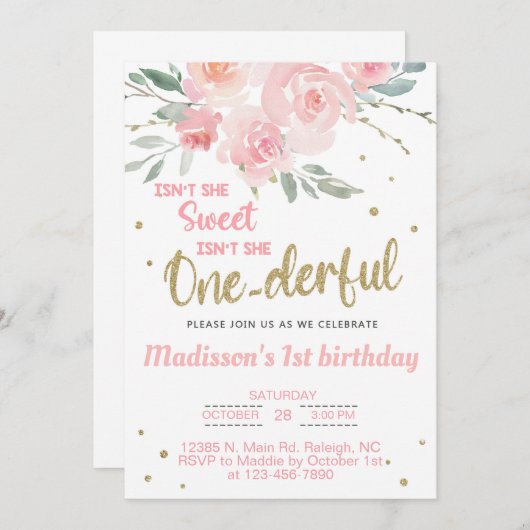 Onederful女の子1st最初の誕生日の招待。 招待状 (正面/裏面)