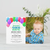 ONEderful最初の誕生日バルーングリーン写真 招待状 (スタンド正面)