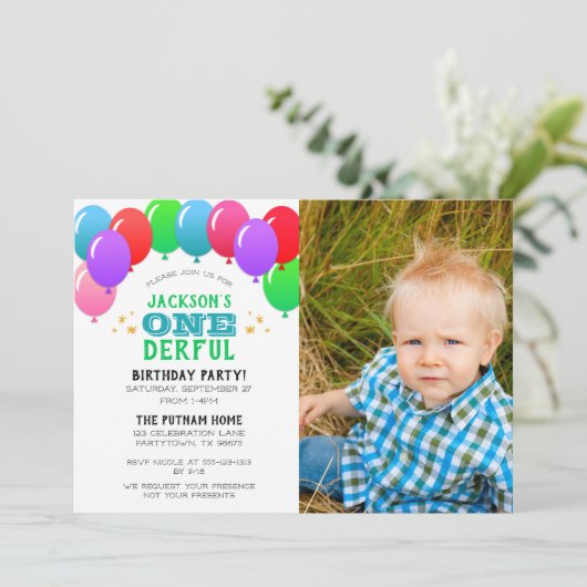 ONEderful最初の誕生日バルーングリーン写真 招待状 (スタンド正面)
