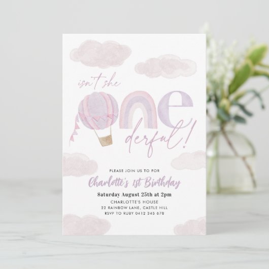 Onederful熱気球パープルガール1st誕生日 招待状 (スタンド正面)