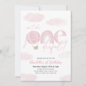 Onederful熱気球ピンクガールの1歳の誕生日 招待状 (正面)