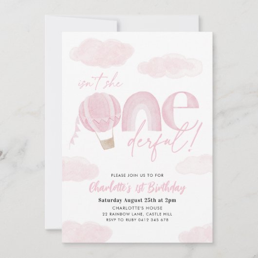 Onederful熱気球ピンクガールの1歳の誕生日 招待状 (正面)