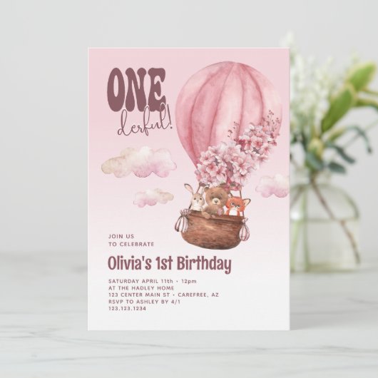 Onederful熱気球ピンク1st誕生日 招待状 (スタンド正面)