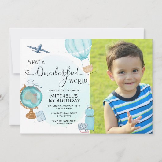 ONEderful熱気球フォトファースト誕生日 招待状 (正面)