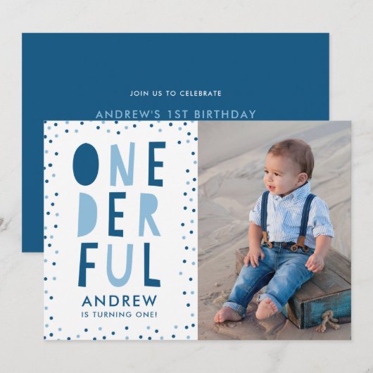 Onederful | 写真入り1歳の誕生日パーティー招待状 招待状 (正面/裏面)